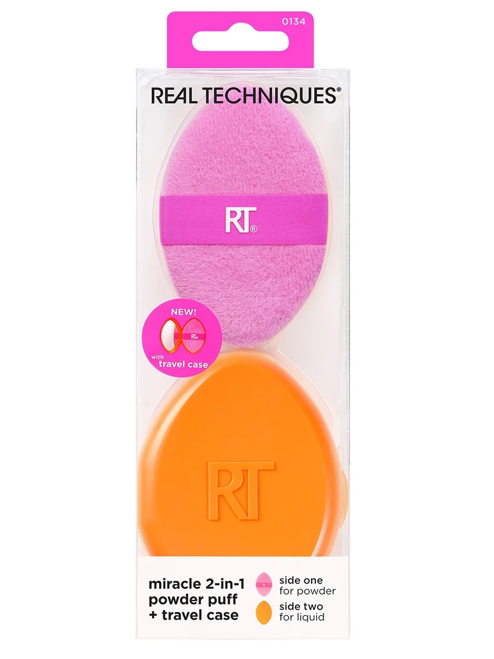 Real Techniques Miracle 2-In-1 Dual-Sided Powder Puff + Travel Case, NEW